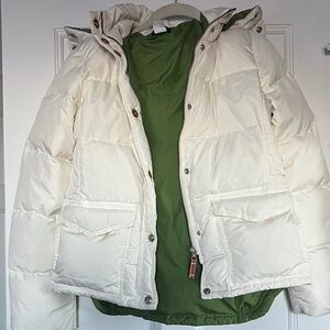 White Puffer Jacket with Green Lining J Crew